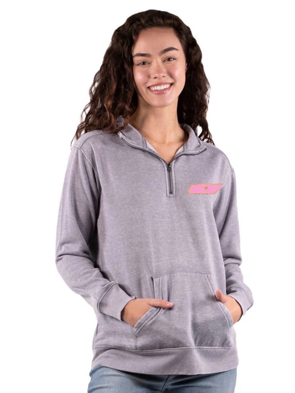 Simply Southern Gray Half-Zip Pullover with Pink Chest Accent